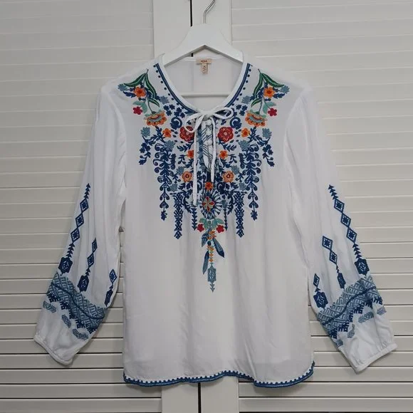 Reba Embroidered Tunic White Blue Boho Peasant Style - Picture 12 of 12